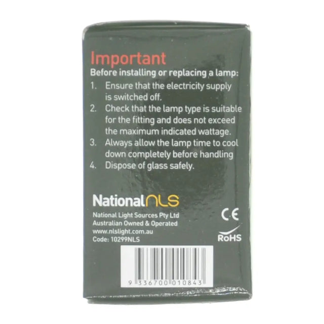 Back of a lamp packaging with safety instructions and branding