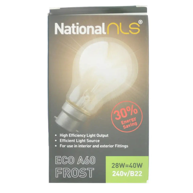 National NLS eco A60 frost light bulb packaging on a white background