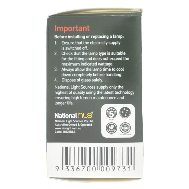 Back of a lamp packaging with safety instructions and branding on a white background