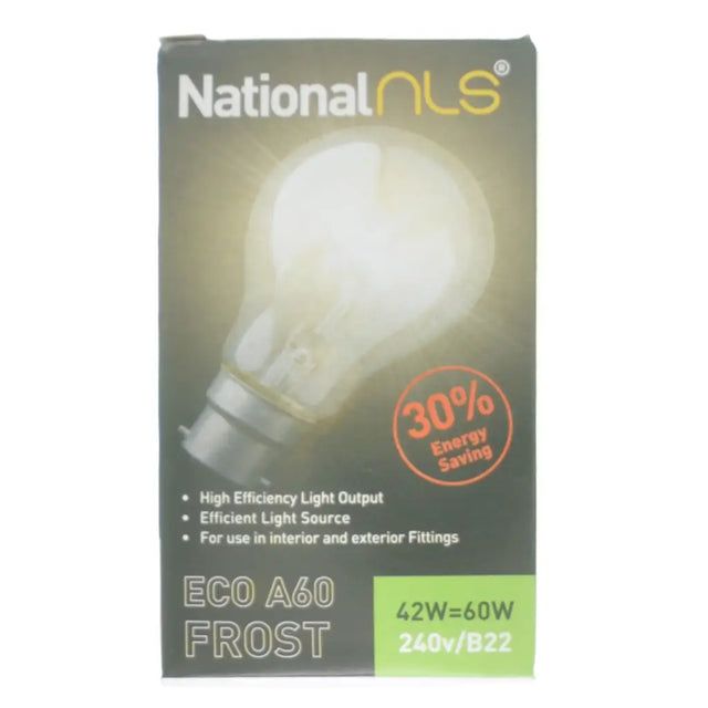 National NLS eco A60 frost light bulb packaging with energy-saving text on a white background