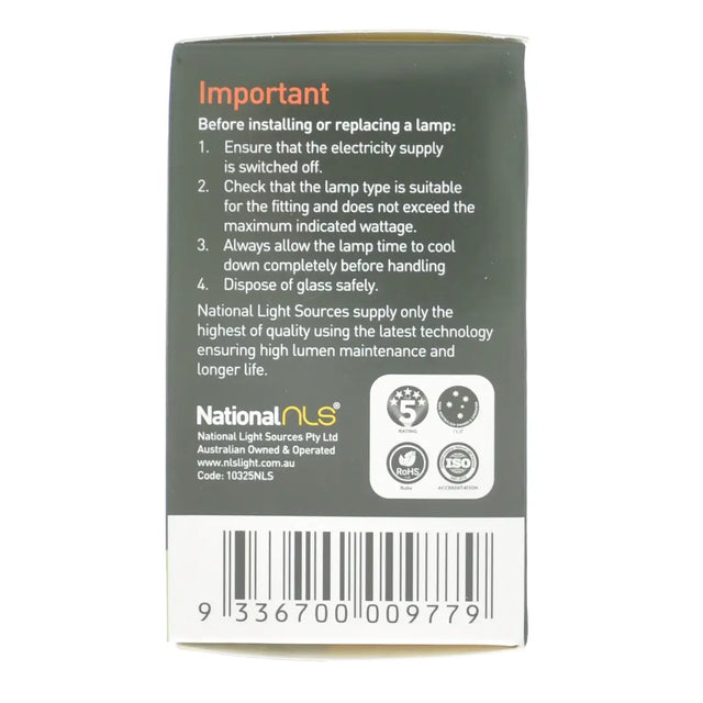 Back of a lamp packaging with safety instructions and National Light Sources branding.