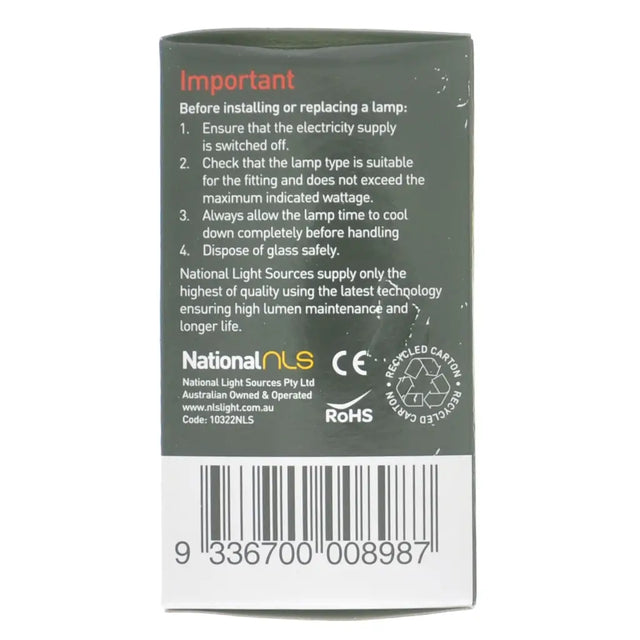 Back of a lamp packaging with instructions and branding on a white background