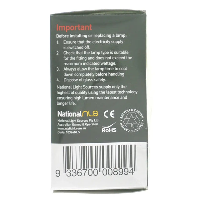 Back of a packaging box with text and branding, featuring National Lights logo.