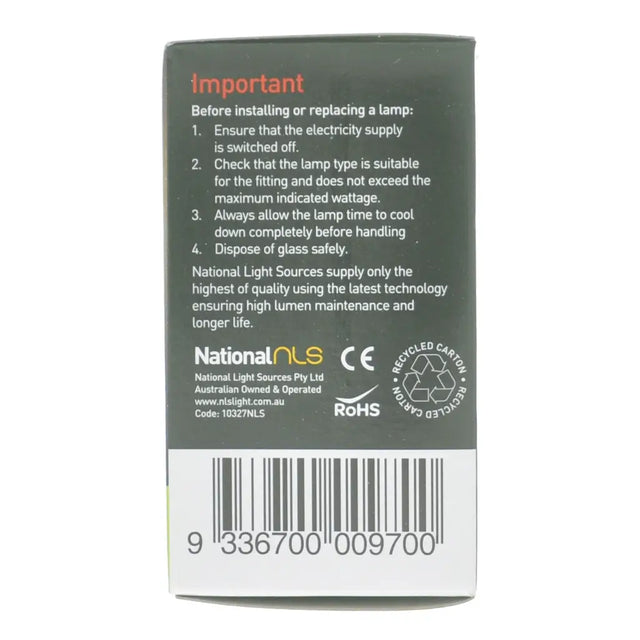Back of a light bulb packaging with safety instructions and branding on a white background