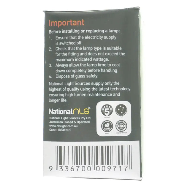 Back of a lamp packaging with safety instructions and National Light Sources branding.
