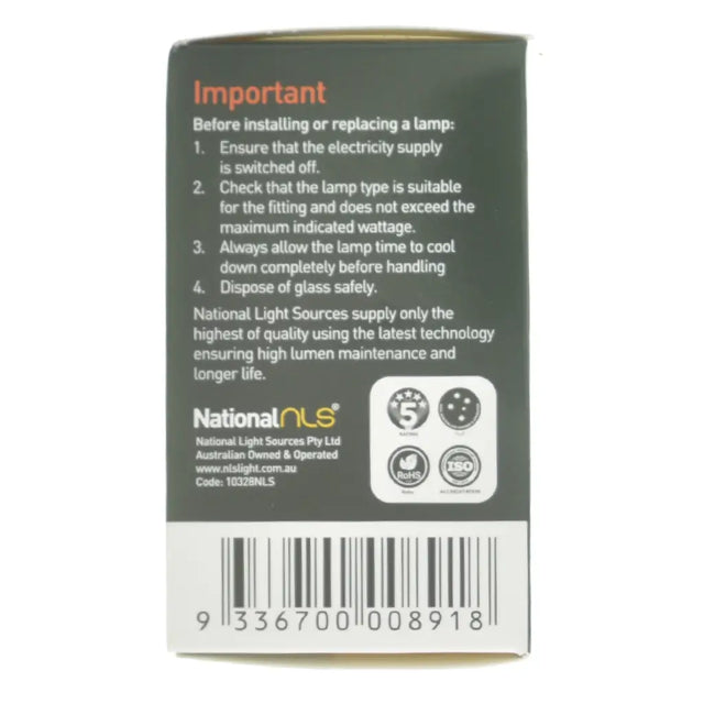 Back of a packaging box with text and branding, featuring National Light Sources.