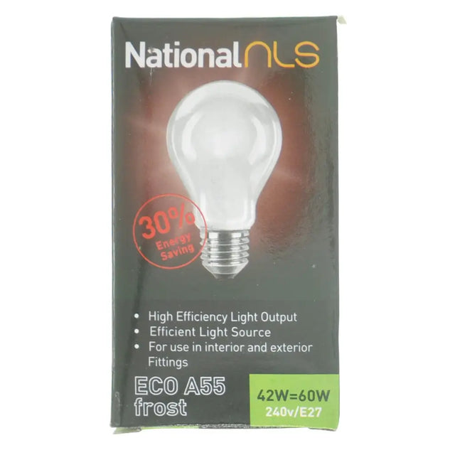 Packaged light bulb with National NLS branding on a white background