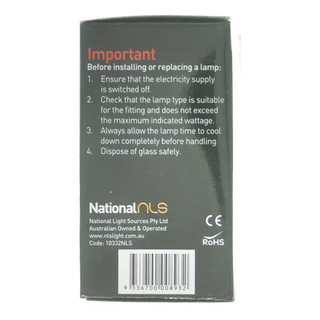 Back of a lamp packaging with safety instructions and branding