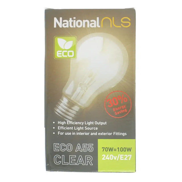 Box of National NLS eco light bulb with energy-saving features on a white background