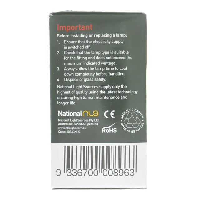 Back of a light bulb packaging with text and branding on a white background