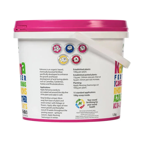 White bucket with pink lid containing Kona fertilizer for acid-loving plants on a white background