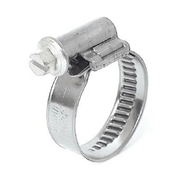 Metal hose clamp on a white background