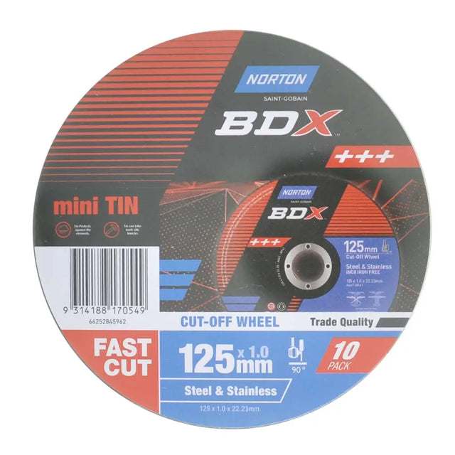 A 10-pack of Norton BDX mini TIN 125mm circular saw cut-off wheels, packaged in a circular cardboard sleeve with red, black, and blue graphics.