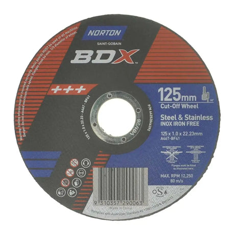 A circular Norton BDX 125mm steel and stainless steel cut-off wheel with a black, red, and blue label design, shown on a plain white background.