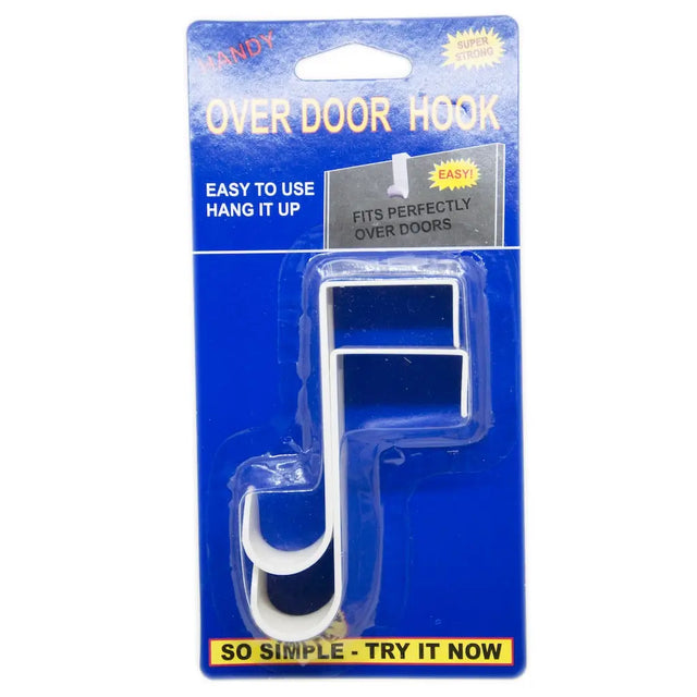 Over door hook in clear plastic packaging with blue background