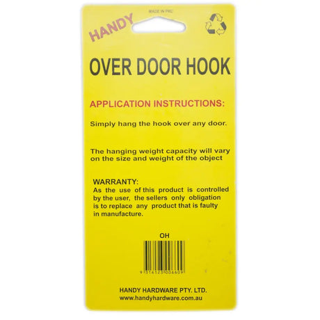 Yellow label with over door hook instructions and branding on a white background