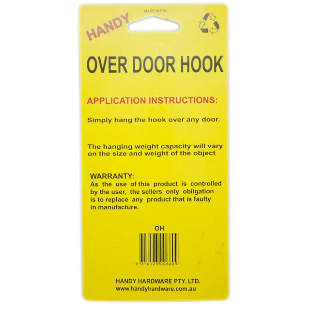 Yellow label with over door hook instructions and branding on a white background