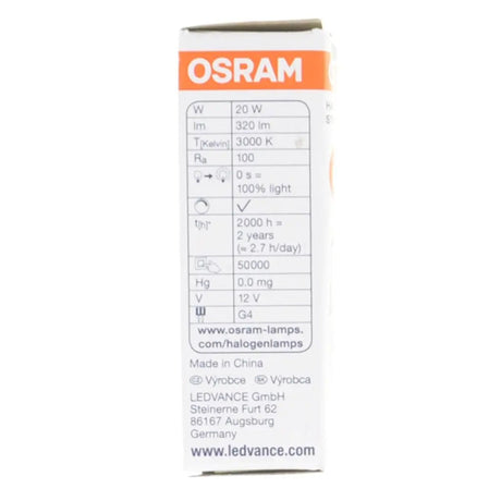 OSRAM light bulb packaging with specifications on a white background