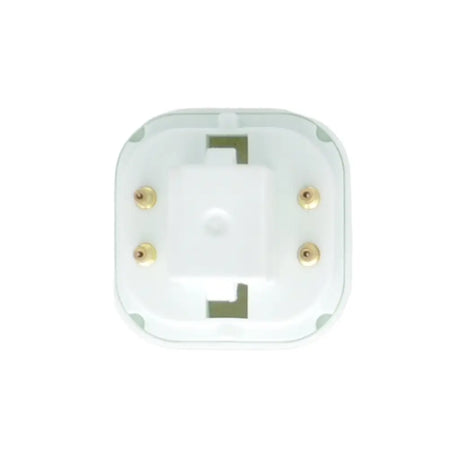 Clear plastic component with gold screws on a white background