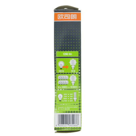 Packaged compact fluorescent bulb with green and orange label on a white background