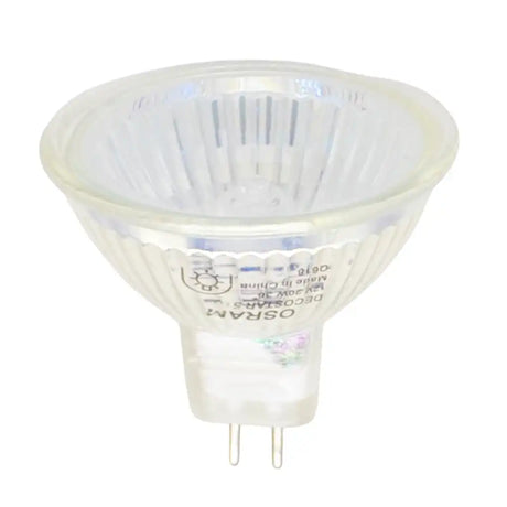 Osram Decostar 51S MR16 GU5.3 12V 20W halogen light bulb showing 51mm reflector and GU5.3 bi-pin base on white background