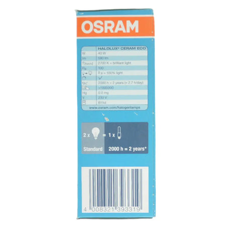 OSRAM light bulb packaging with blue and orange design on a white background