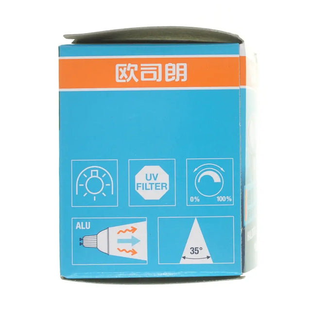 Light bulb packaging with blue and orange design on a white background