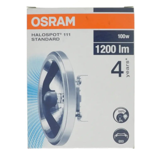 OSRAM Halospot 111 standard light bulb packaging on a white background