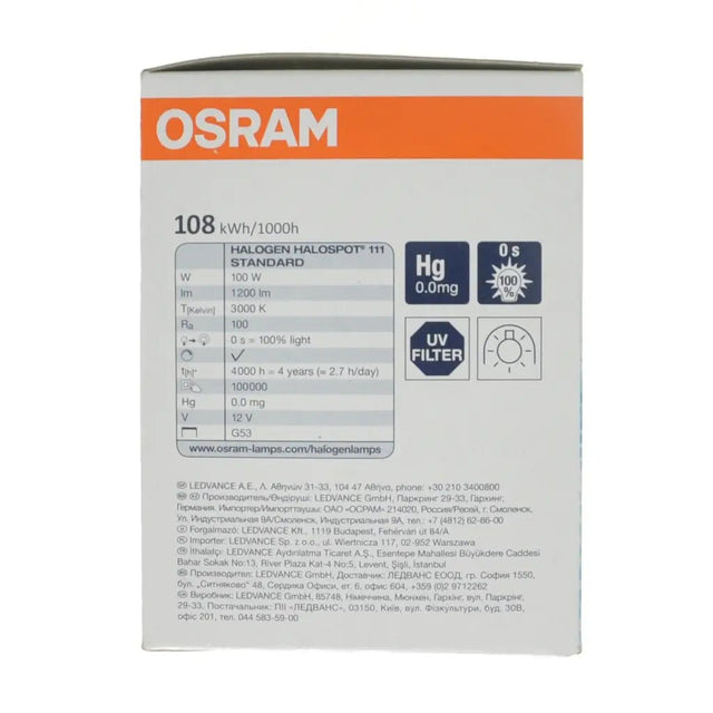 OSRAM light bulb packaging with technical specifications on a white background