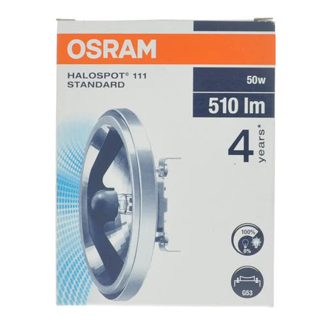 OSRAM Halospot 111 Standard light bulb packaging on a white background