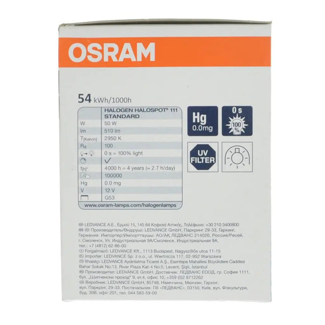 OSRAM light bulb packaging with specifications on a white background