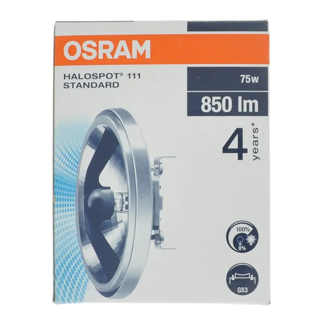 OSRAM Halospot 111 Standard light bulb packaging on a white background
