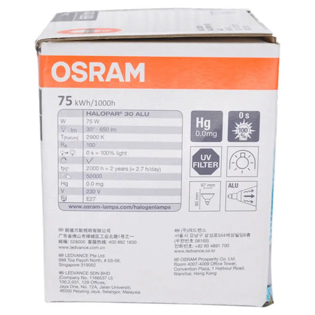 OSRAM bulb packaging with specifications on a white background
