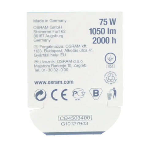 OSRAM light bulb packaging with specifications and branding on a white background