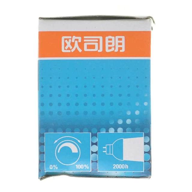 Packaging with blue and orange design featuring text and icons on a white background