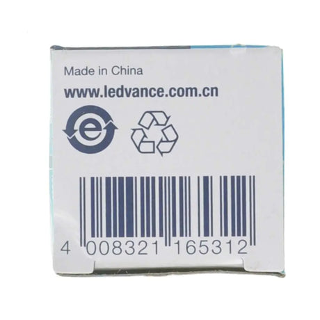 Product packaging with LEDVANCE branding, barcode, and recycling symbol on a white background