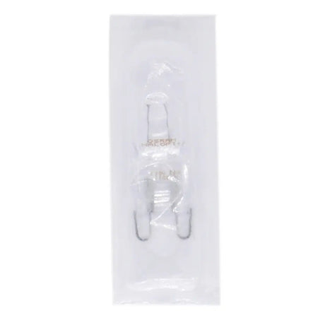 White fish-shaped hook in clear packaging on a white background