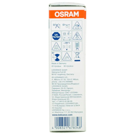 OSRAM bulb packaging with various symbols and text on a white background