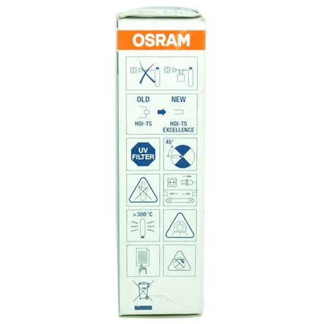 OSRAM light bulb packaging with various icons and text on a white background