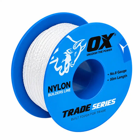 A spool of white nylon builder's line from the brand OX, featuring a bright blue plastic spool with white and black printed text and logos, set against a plain white background.