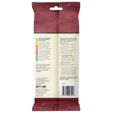 Back of a leather care product packaging with text and a barcode.