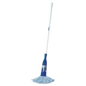 Blue mop with white handle on a white background