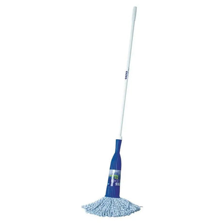 Blue mop with white handle on a white background