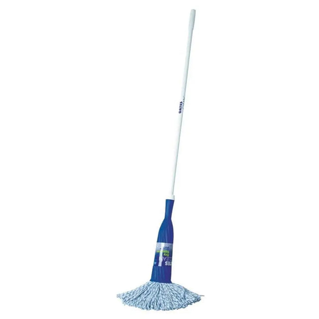 Blue mop with white handle on a white background