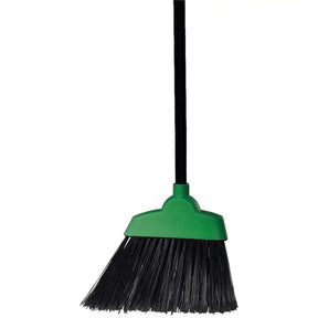 Green broom with black bristles on a white background