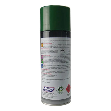 Green spray can with a label on a white background