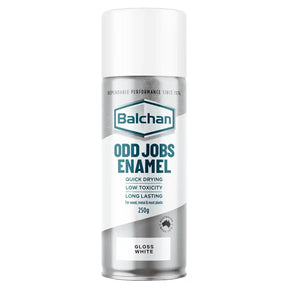 Balcham Odd Jobs Enamel gloss white spray can on a white background