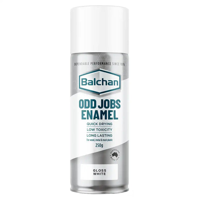 Balcham Odd Jobs Enamel gloss white spray can on a white background
