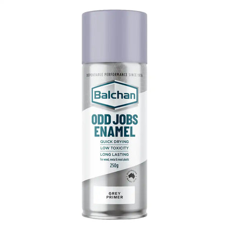 Balchan Odd Jobs Enamel grey primer spray can on a white background