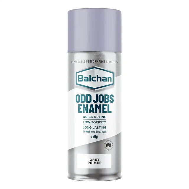 Balchan Odd Jobs Enamel grey primer spray can on a white background